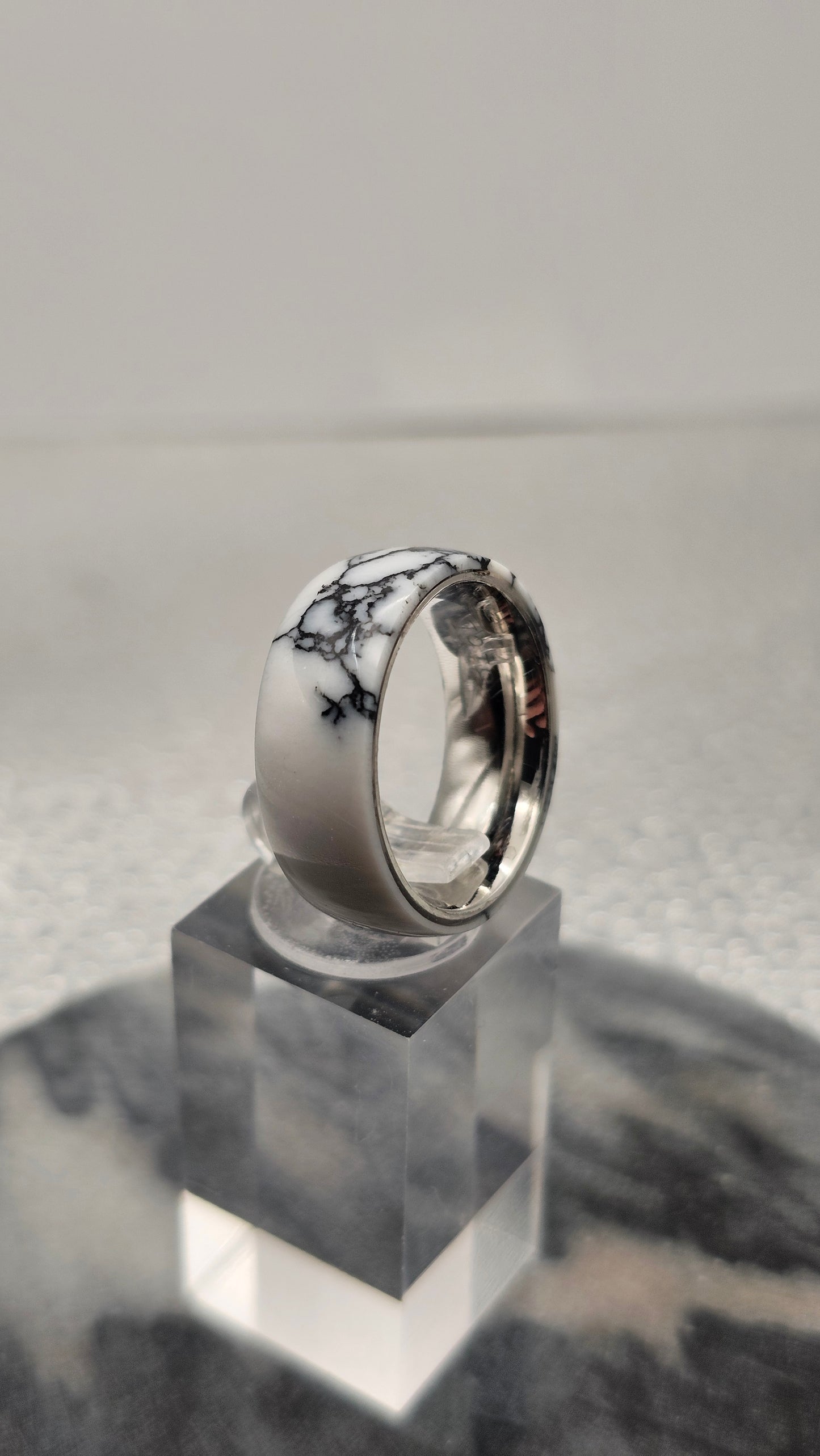 White with Black Matrix Tru Stone Stainless Steel Ring