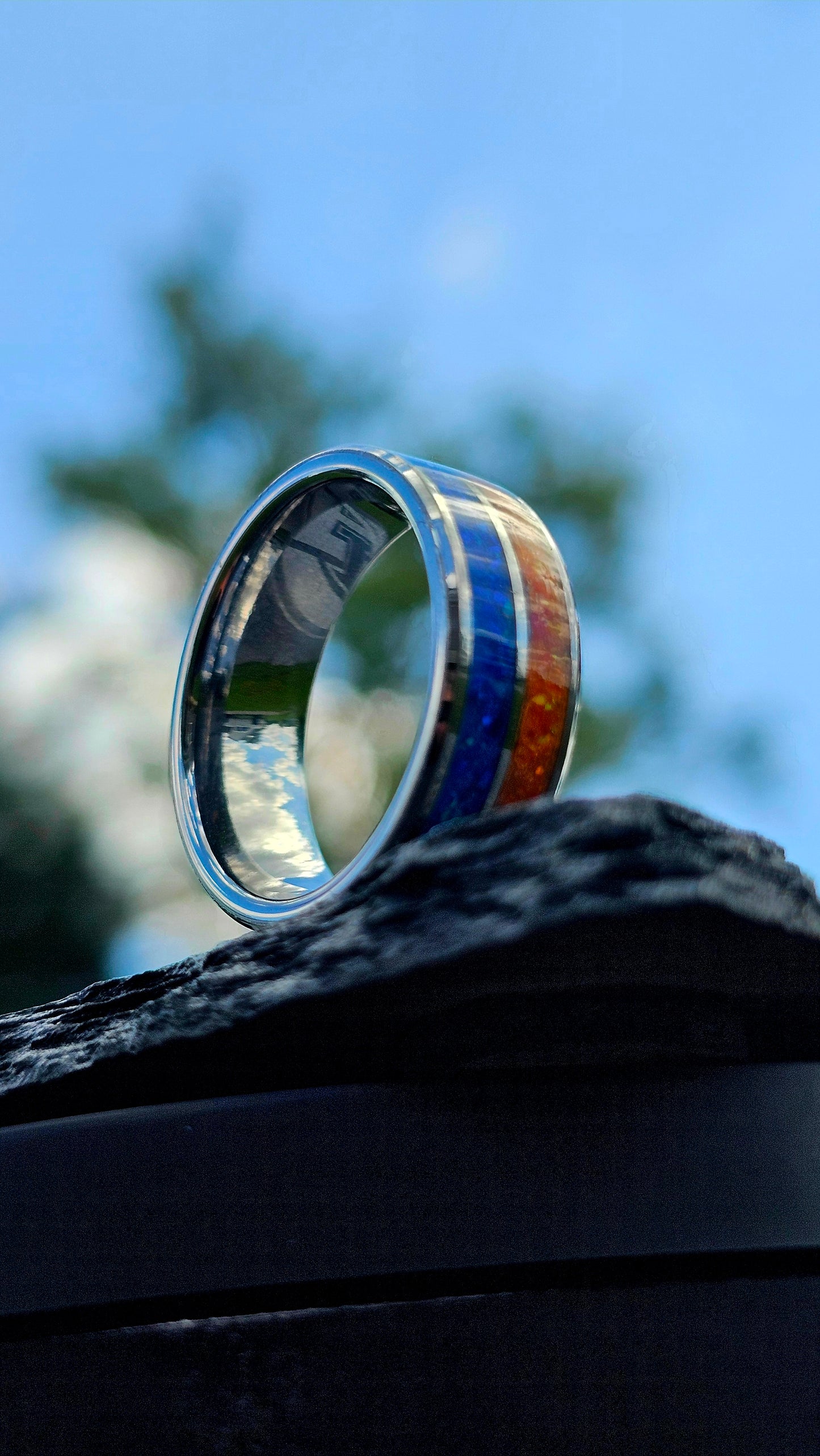 Handcrafted Auburn-Inspired Ring – Bold Blue & Orange Inlay