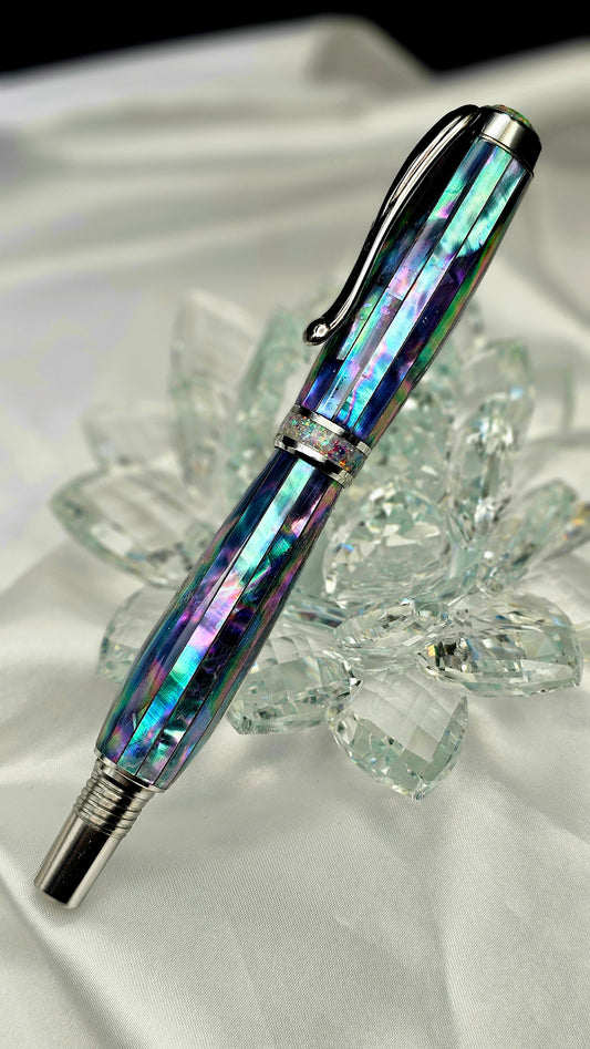 One Of a Kind Handmade Fountain pen or Roller Ball with Paua Abalone Body and a Custom-made Cap and Collar