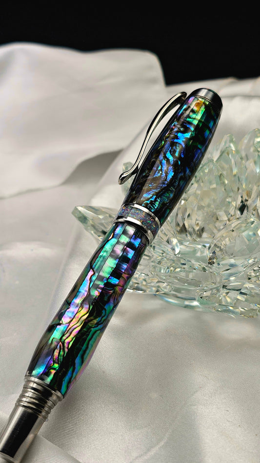 One Of a Kind Handmade Fountain/Roller Ball with Mexican Green Abalone Body and a Custom-made Opal Cap and Collar That Glows