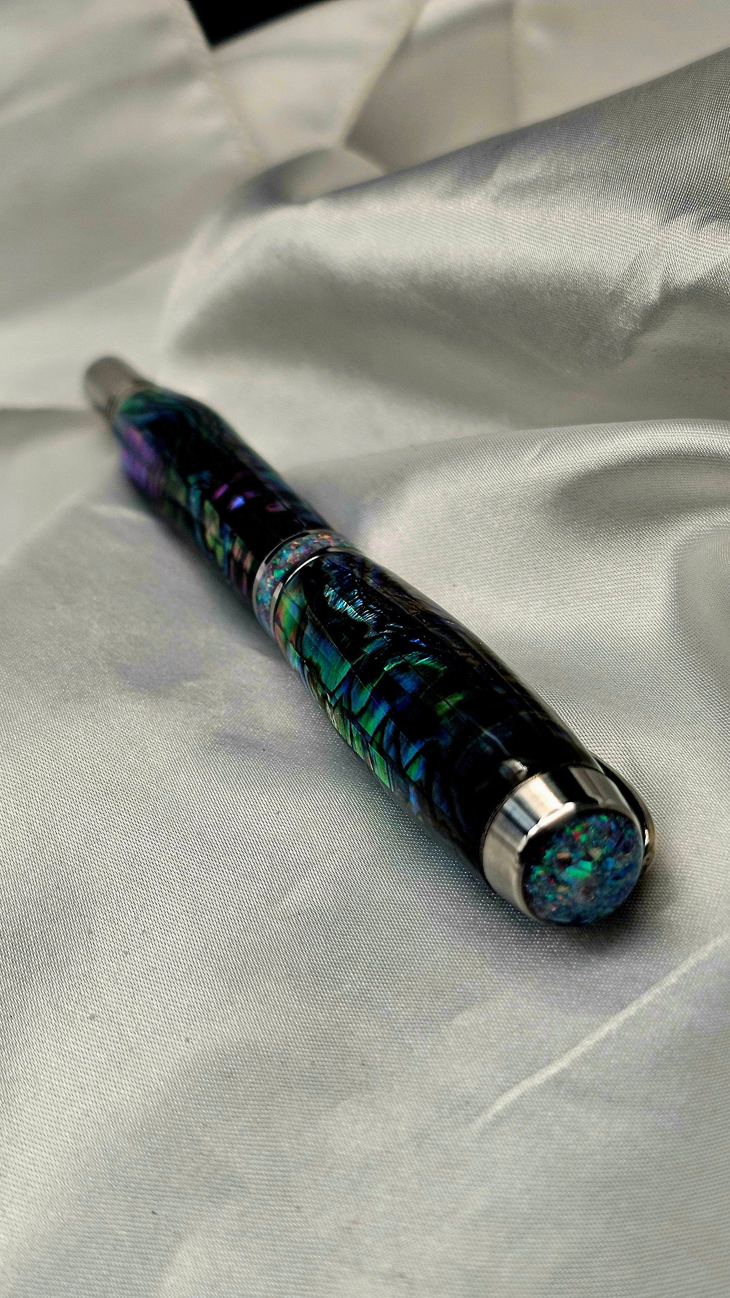 One Of a Kind Handmade Fountain/Roller Ball with Mexican Green Abalone Body and a Custom-made Opal Cap and Collar That Glows