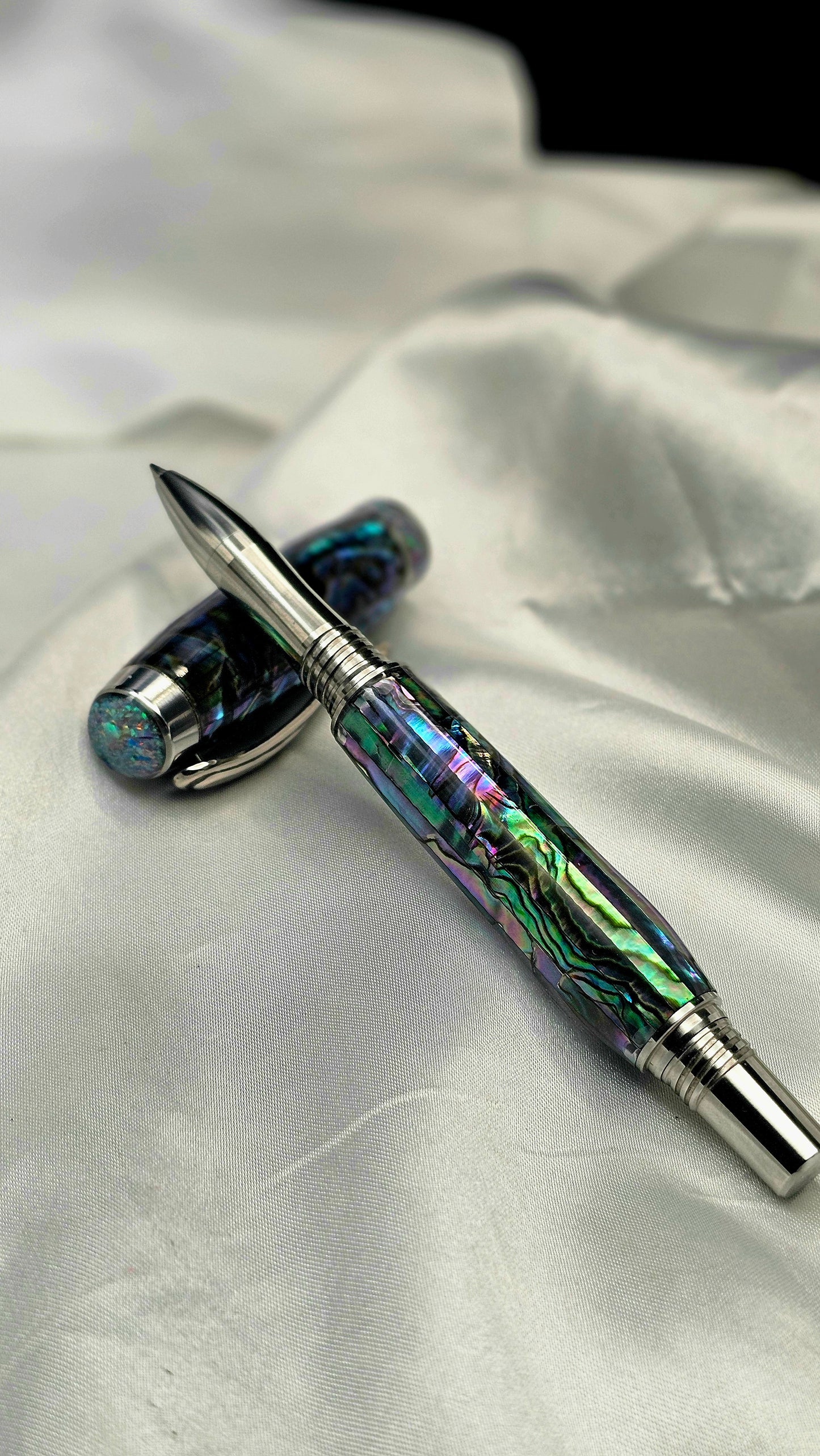 One Of a Kind Handmade Fountain/Roller Ball with Mexican Green Abalone Body and a Custom-made Opal Cap and Collar That Glows