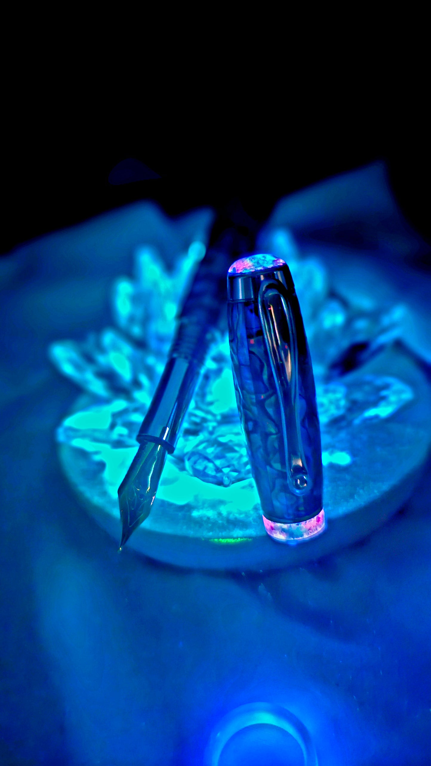 One Of a Kind Handmade Fountain/Roller Ball with Mexican Green Abalone Body and a Custom-made Opal Cap and Collar That Glows