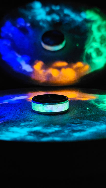 🌈Multicolor Glow Opal Ring – White Ceramic Band✨
