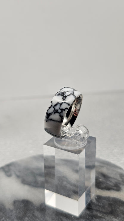White with Black Matrix Tru Stone Stainless Steel Ring