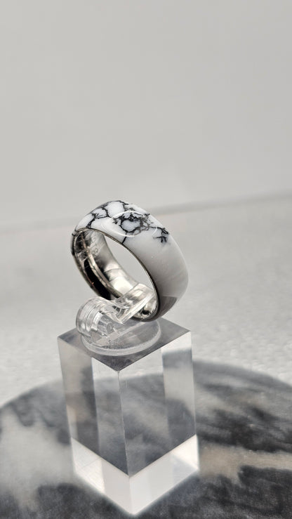 White with Black Matrix Tru Stone Stainless Steel Ring