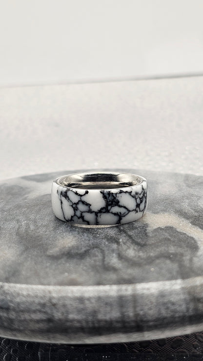 White with Black Matrix Tru Stone Stainless Steel Ring