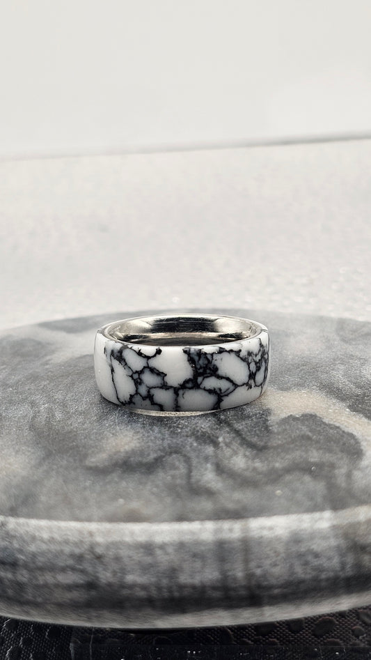 White with Black Matrix Tru Stone Stainless Steel Ring