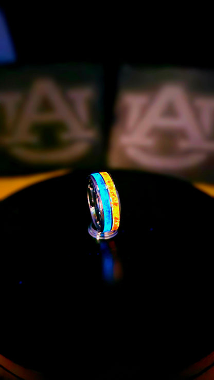 Handcrafted Auburn-Inspired Ring – Bold Blue & Orange Inlay