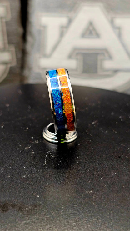 Handcrafted Auburn-Inspired Ring – Bold Blue & Orange Inlay