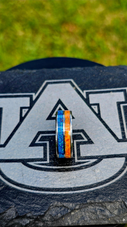 Handcrafted Auburn-Inspired Ring – Bold Blue & Orange Inlay