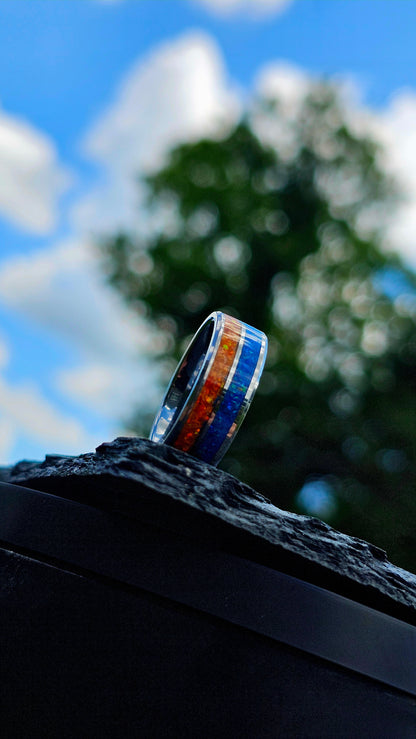 Handcrafted Auburn-Inspired Ring – Bold Blue & Orange Inlay