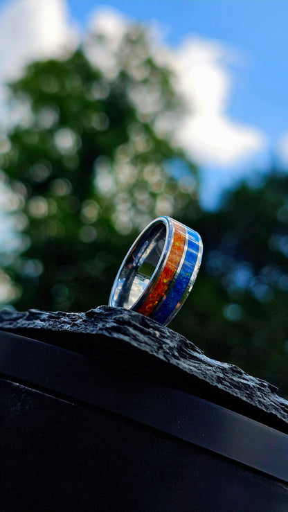 Handcrafted Auburn-Inspired Ring – Bold Blue & Orange Inlay