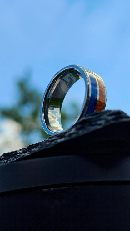 Handcrafted Auburn-Inspired Ring – Bold Blue & Orange Inlay