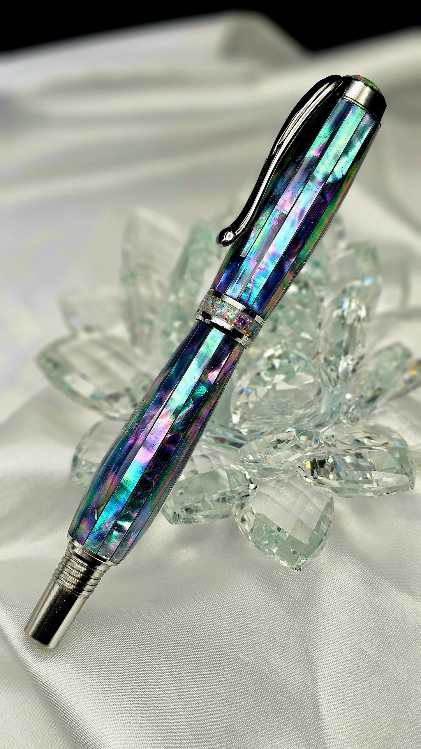 One Of a Kind Handmade Fountain pen or Roller Ball with Paua Abalone Body and a Custom-made Cap and Collar