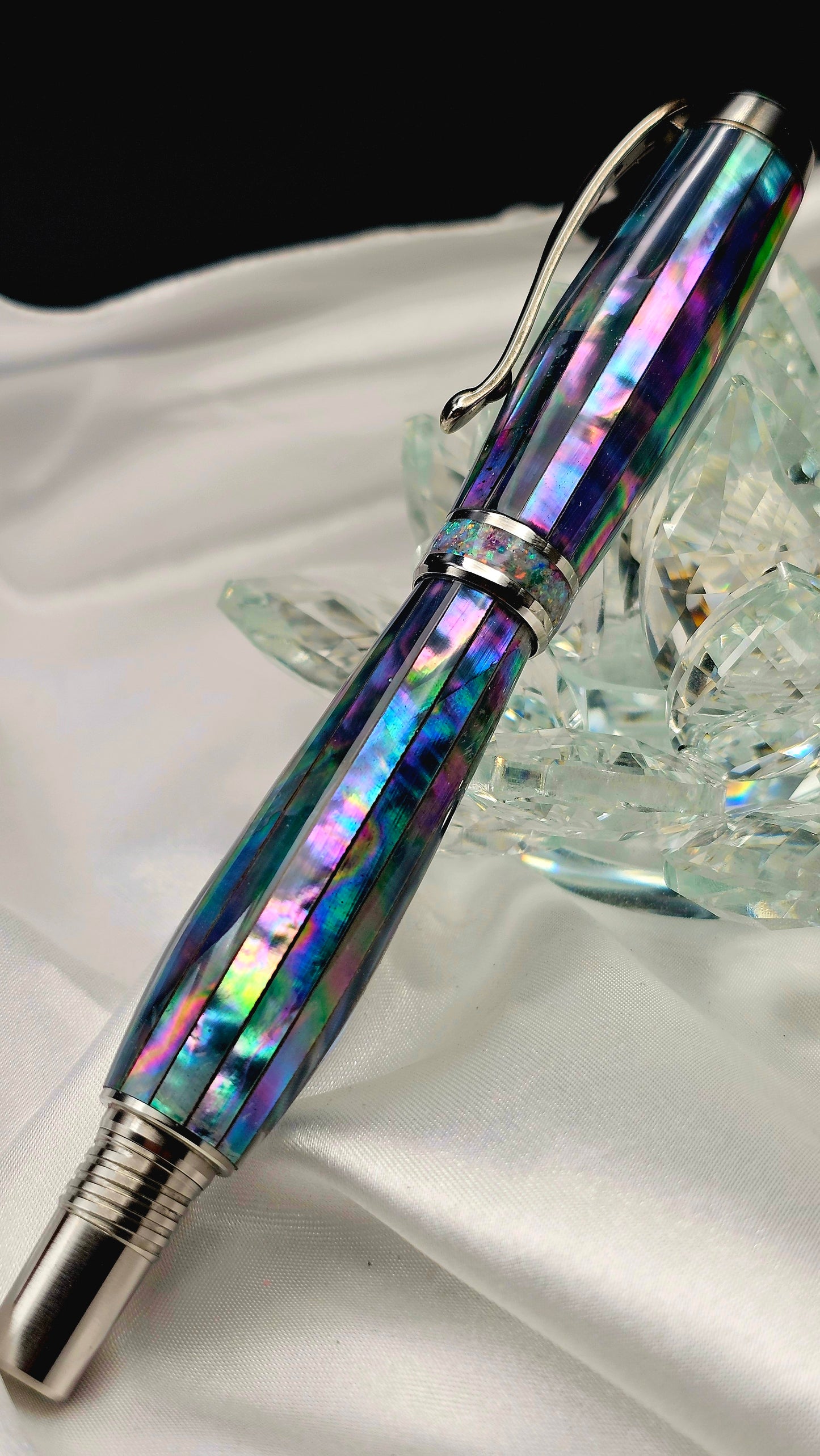 One Of a Kind Handmade Fountain pen or Roller Ball with Paua Abalone Body and a Custom-made Cap and Collar