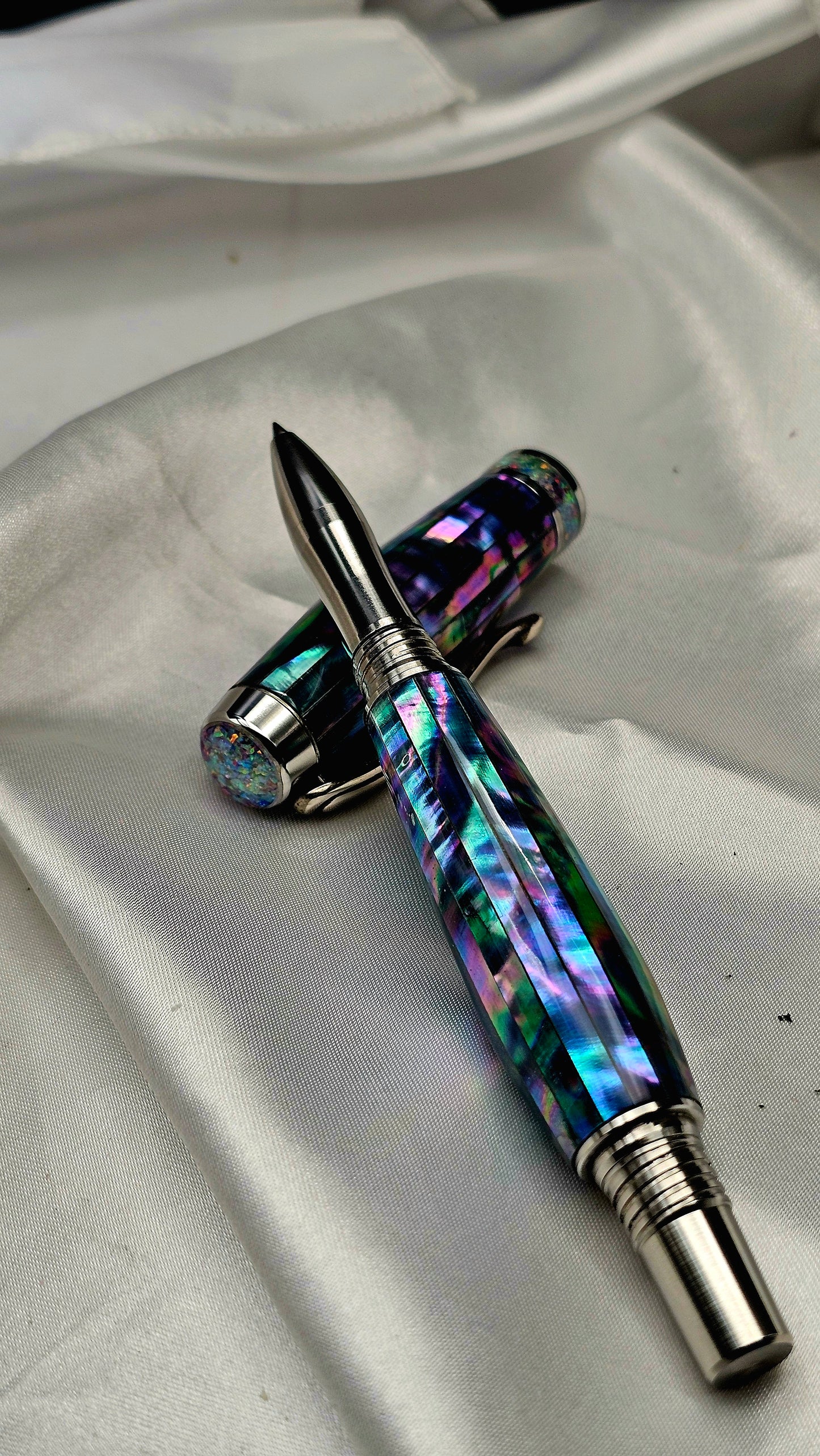 One Of a Kind Handmade Fountain pen or Roller Ball with Paua Abalone Body and a Custom-made Cap and Collar