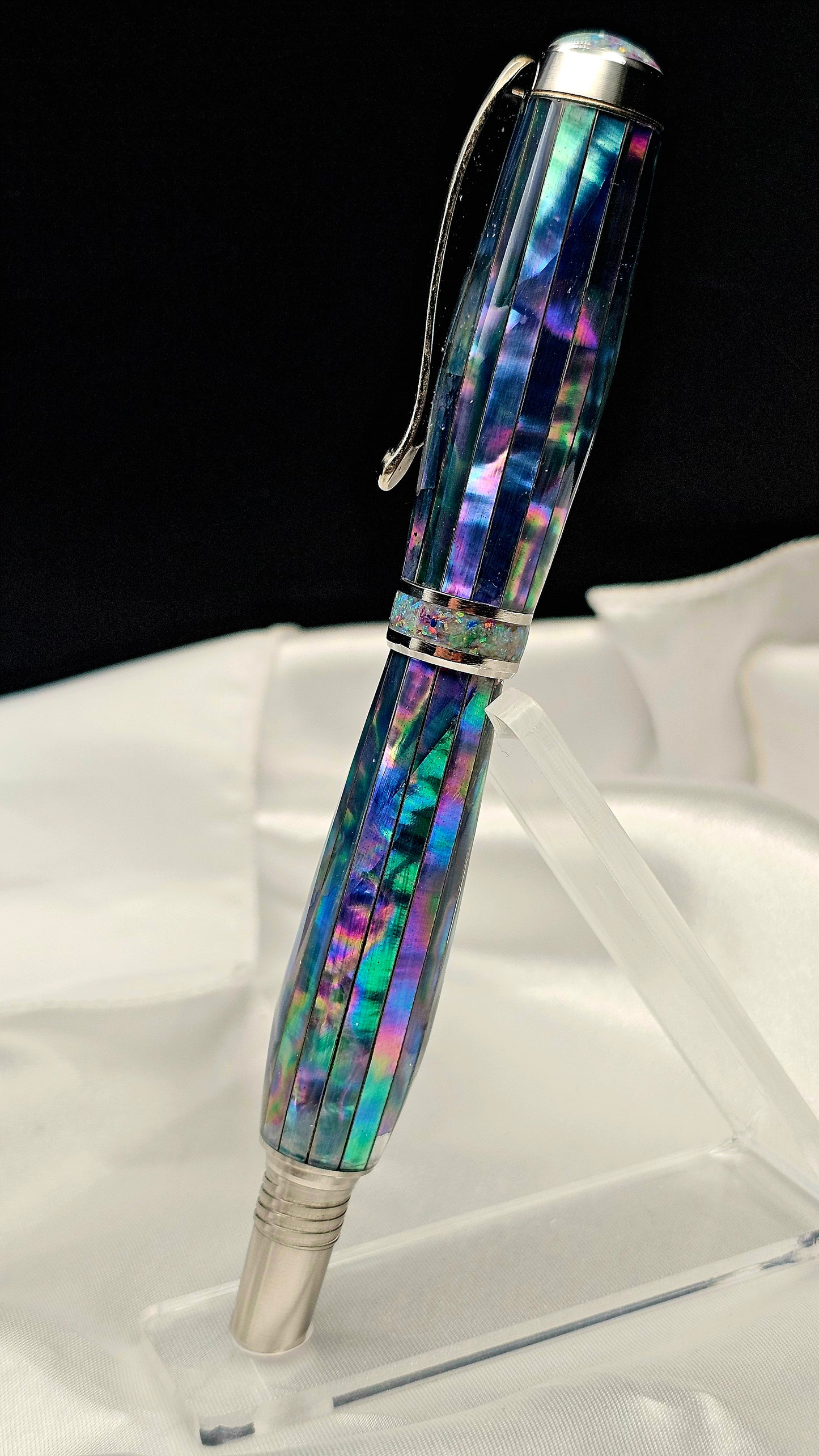 One Of a Kind Handmade Fountain pen or Roller Ball with Paua Abalone Body and a Custom-made Cap and Collar