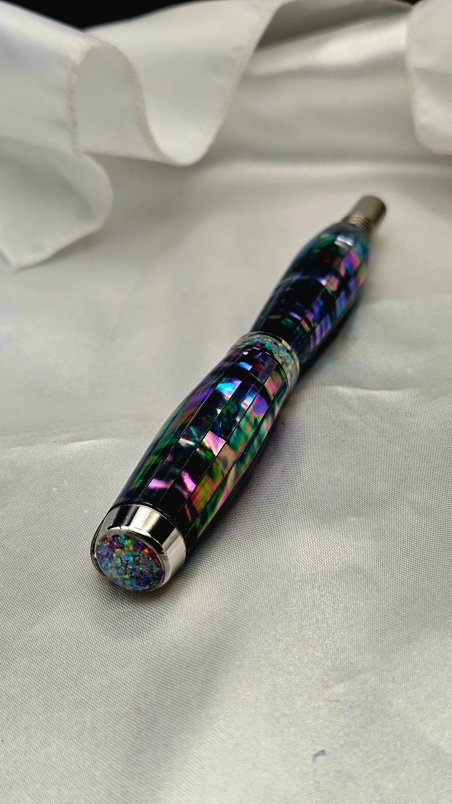 One Of a Kind Handmade Fountain pen or Roller Ball with Paua Abalone Body and a Custom-made Cap and Collar
