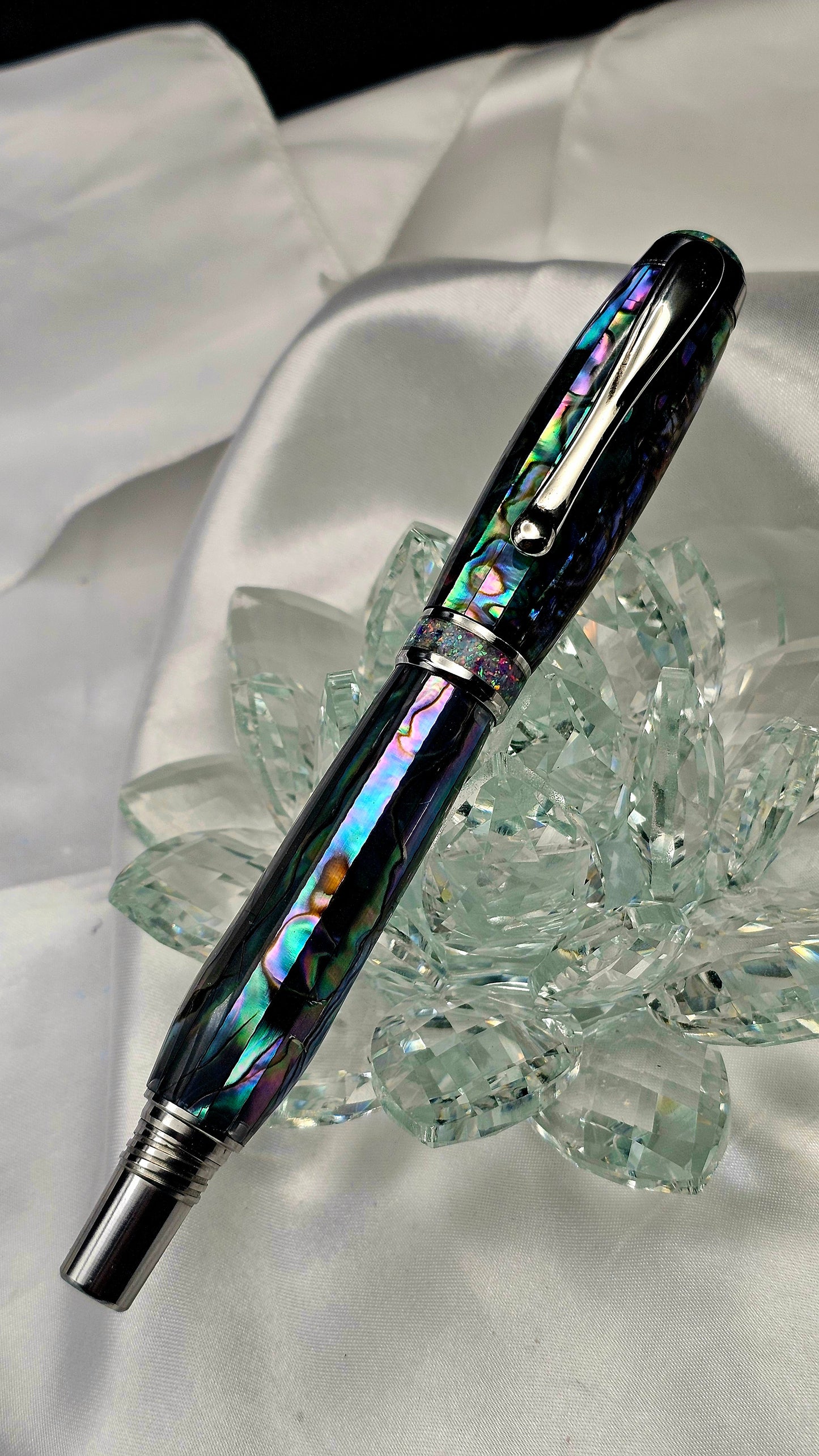 One Of a Kind Handmade Fountain/Roller Ball with Mexican Green Abalone Body and a Custom-made Opal Cap and Collar That Glows