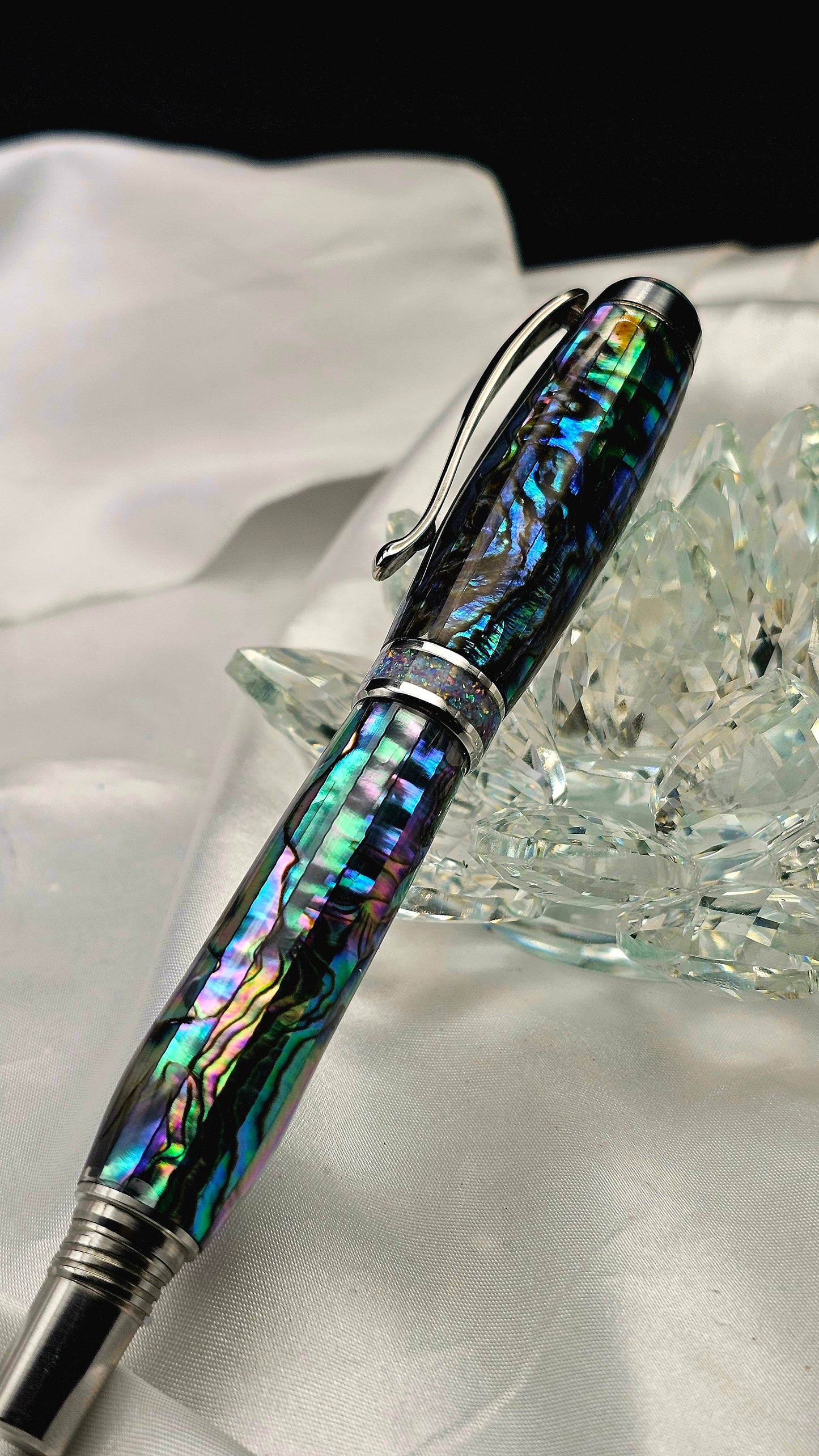 One Of a Kind Handmade Fountain/Roller Ball with Mexican Green Abalone Body and a Custom-made Opal Cap and Collar That Glows