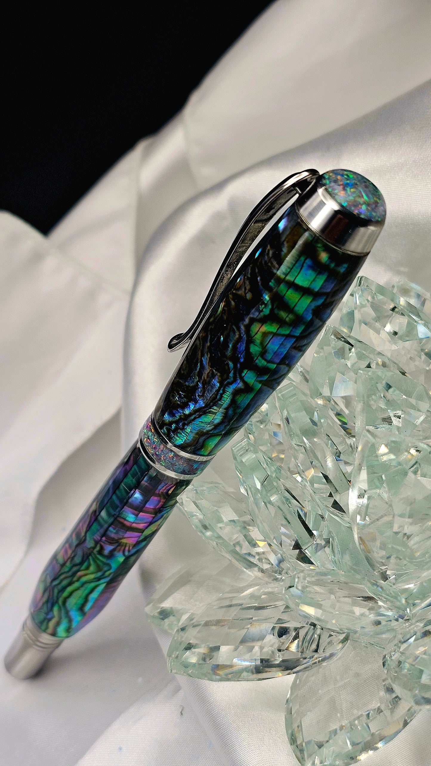 One Of a Kind Handmade Fountain/Roller Ball with Mexican Green Abalone Body and a Custom-made Opal Cap and Collar That Glows