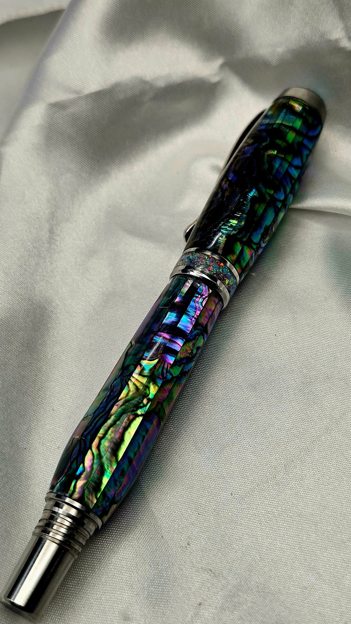 One Of a Kind Handmade Fountain/Roller Ball with Mexican Green Abalone Body and a Custom-made Opal Cap and Collar That Glows