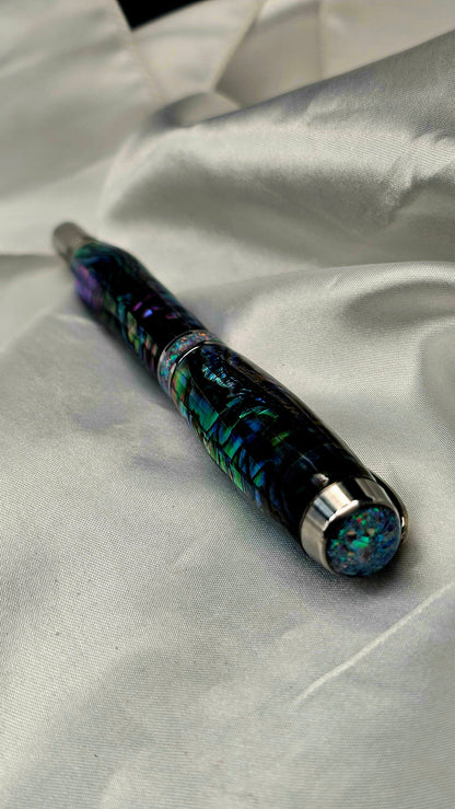 One Of a Kind Handmade Fountain/Roller Ball with Mexican Green Abalone Body and a Custom-made Opal Cap and Collar That Glows