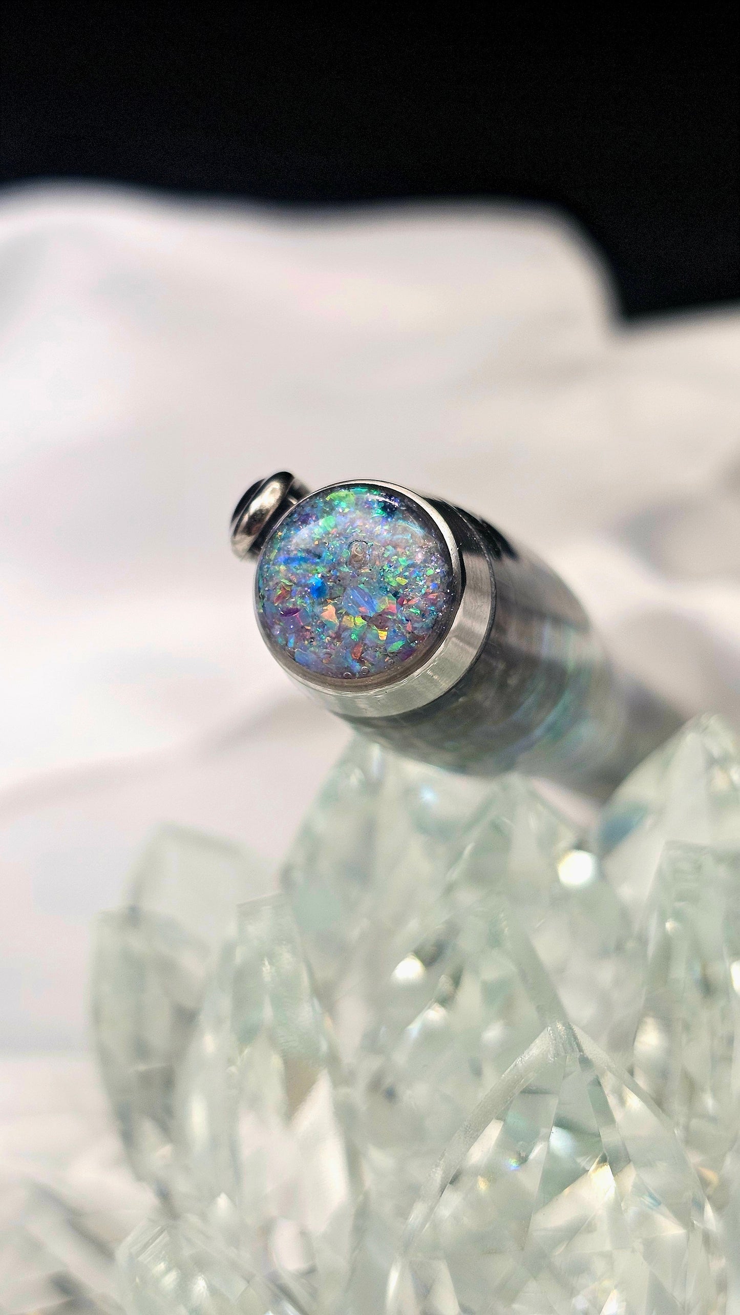 One Of a Kind Handmade Fountain/Roller Ball with Mexican Green Abalone Body and a Custom-made Opal Cap and Collar That Glows