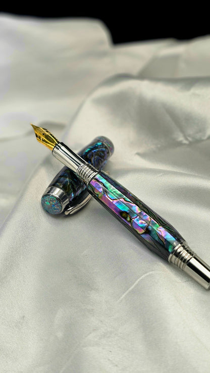 One Of a Kind Handmade Fountain/Roller Ball with Mexican Green Abalone Body and a Custom-made Opal Cap and Collar That Glows